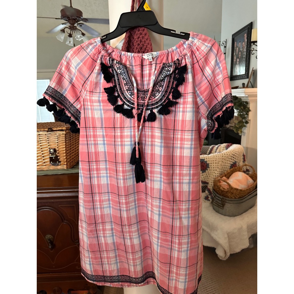 Crown & Ivy Womens Pink Plaid Embroidered Tassel Shift Dress Size 10 Cotton - Picture 2 of 8
